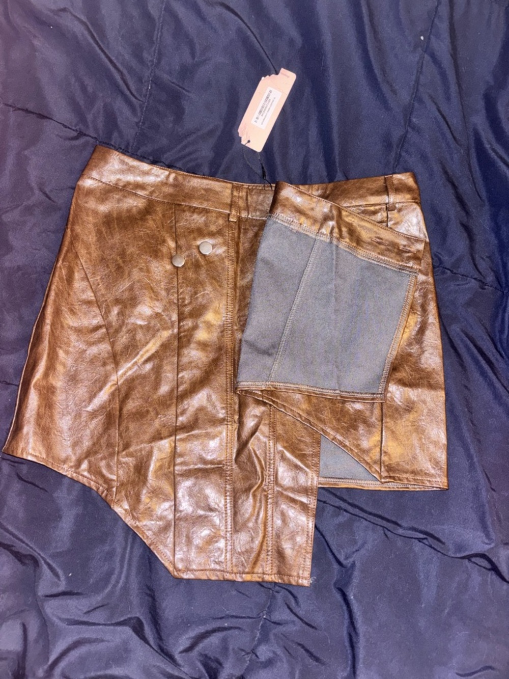Faux Leather Asymmetrical Mini Skirt - Brown